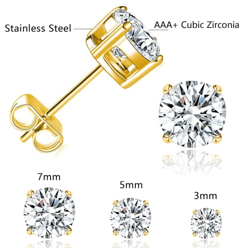 MDFUN Titanium Stud Earrings Set Hypoallergenic Cubic Zirconia Round CZ Surgical Stainless Steel 4 Prong Stud Earring for Women and Men Pack of 4 (3-5-7mm-3 Pairs-Yellow Gold) by MDFUN - Image 4