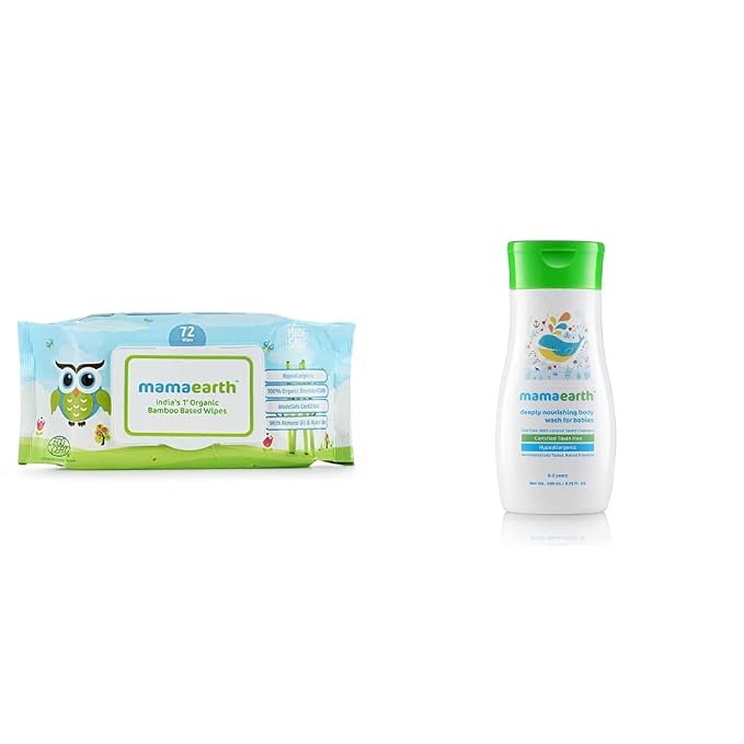 Mamaearth Indias First Organic Bamboo Based Baby Wipes (72 Wipes) & Deeply Nourishing wash for Babies (200 ml, 0-5 Yrs) Combo