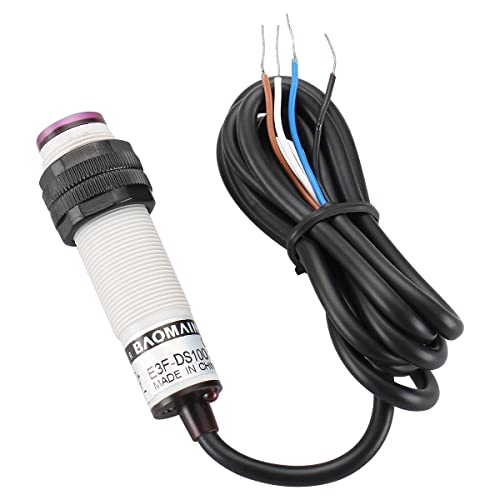 Baomain M18 Photoelectric Sensor Adjustable Diffuse Reflection Sensor Switch E3F-DS100P3 PNP NO+NC DC 10-30V 200mA Sensing Distance 10-100cm 4 Wires