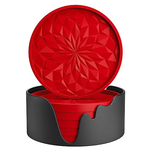 STLIAN Sous-verres en silicone avec support, sous-verres pour boissons chaudes ou froides, épaissis, antidérapant, antiadhésif, plateau profond, Rouge, 6 pièces