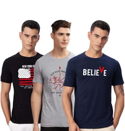 Image of ADRO 100% Cotton Lycra Tshirts for Men Combo Pack of 3 | Regular Fit | Printed T Shirt | Round Neck Half Sleeve| Mens Tshirts
