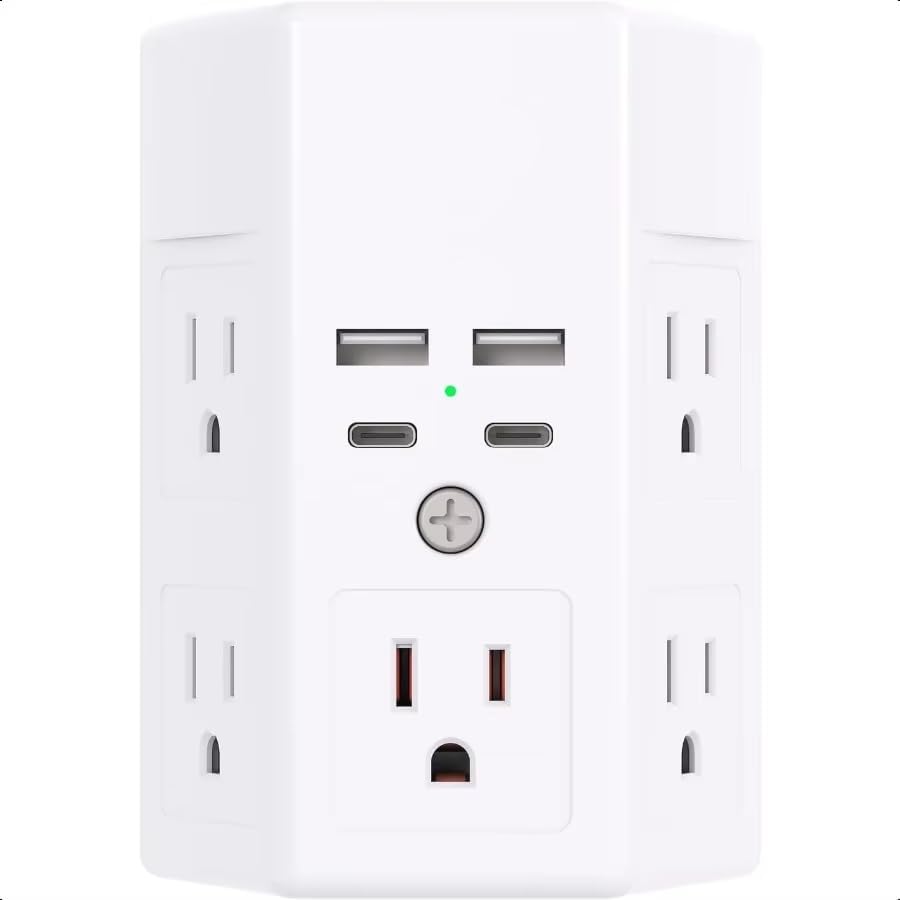 Extensor de 5 tomas con 4 puertos de carga USB, protector de sobretensiones, adaptador de viaje con luz nocturna, paquete de 1