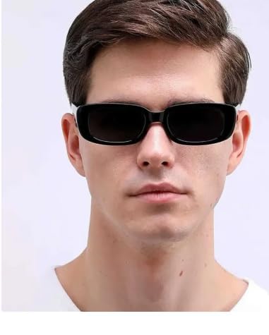 Image of Rectangular Sunglasses, Black Frame, Dark Grey Lenses, Retro Style-Men Women