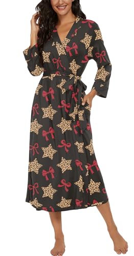 Image of VINTATRE Robes for Women Long Knit Bathrobe XS-4XL | 3 /4 Sleeve Bathrobes with Pockets, Stretchy and Lightweight Fabric, Inner Tie and Fixed Outer Matching Belt, Mid Calf Length