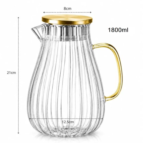 Image of Glass Water Jug - 1800ml, Transparent Water Serving Jug, Hot Cold Water Pitcher with Lid Water Jug, Iced Tea, Milk and Juice Beverage Carafe, Lemon Jug (Ribbed Jug)
