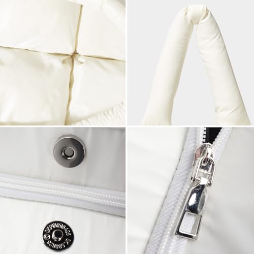 OWGSEE Puffer Tote Bag, Weiche Puffy Taschen für Frauen Leichte Winter Daunen Baumwolle Gepolsterte Gesteppte Tragetasche Schulter Handtasche Geldbörse, Weiss/opulenter Garten, Medium