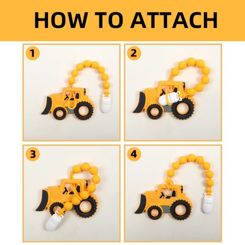 Image of Baby Food Grade Silicone Carrier Vehicle Teether Toy with Pacifier Clip Holder,Teething Toys Gift Set for 3 Months+ Boys and Girls,Freezer Safe,BPA Free. (Bulldozer)