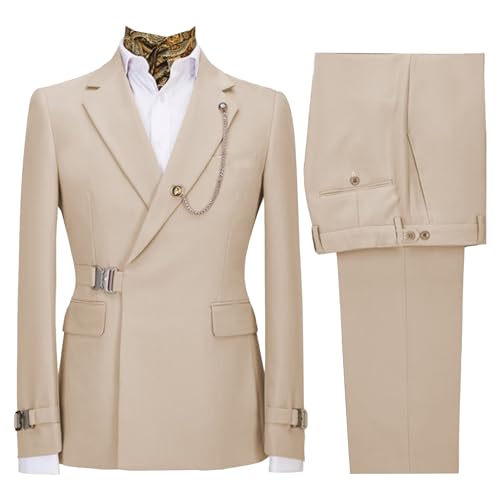 Image of Men's 2 Piece Suit with Metal Clasp Slim Fit Suit Stylish Business Pants Casual Wedding Grooms Tuxedo Suit