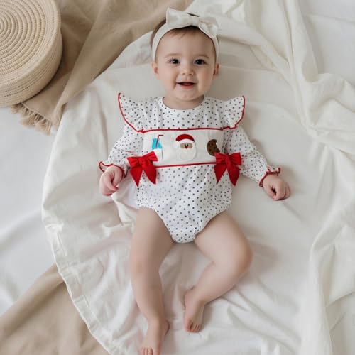 Newborn Baby Girl Christmas Outfit Santa Dot Smocked Bubble Romper Ruffle Long Sleeve Bow Bodysuit Jumpsuit Clothes2