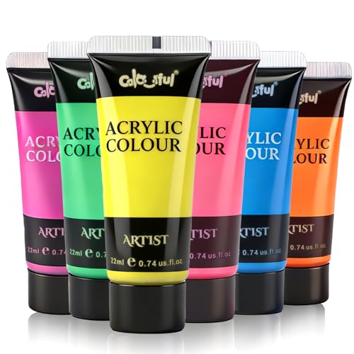 Colorful Artist Fluorescent Acrylic Paint Set 6 Pack 0.74oz - Glow in Black Light Non-Toxic Neon Paint for Party Decor & Multi-Surface DIY Crafts