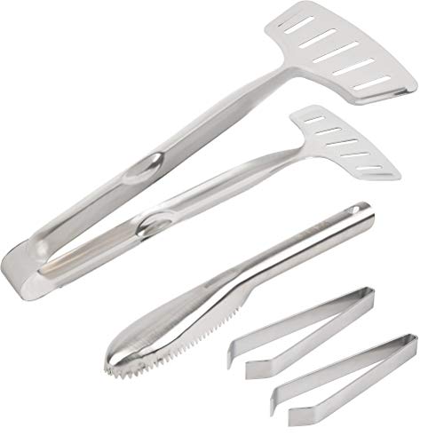 QLOUNI Set of 4 Fish Scaler Brush Fish Scaler Remover with Stainless Steel Sawtooth Easily Remove Fish Scales-Cleaning Brush Scraper, Stainless Steel Fish Bone Tweezers + Kitchen Tongs for Fried Fish