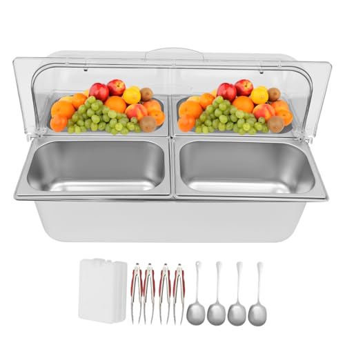 LEYSRIS Countertop Food Serving Display Container, 4 Pan Stainless Steel Food Serving Tray Food Storage Container, Buffet Condiment Dispenser Display Rack with Spoons & Clamps & Water Bags