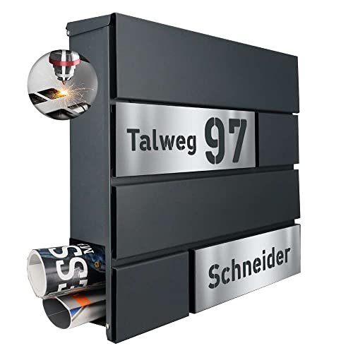 Briefkasten Wandbriefkasten anthrazit pulverbeschichtet mit Zeitungsfach und eleganter Laser Cut Edelstahlblende, individuelle Beschriftung Cover