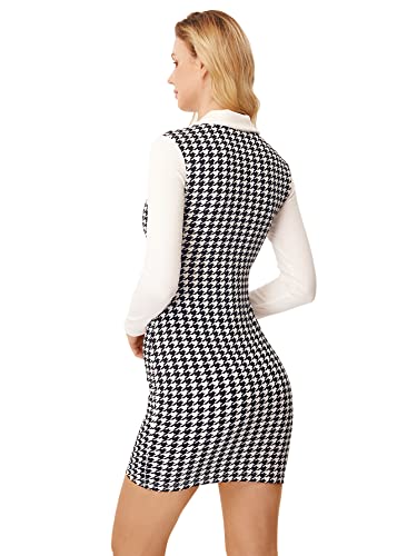 Wdirara Women's Houndstooth Print V Neck Long Sleeve Collared Bodycon Mini Dress Black And White S #TOP1