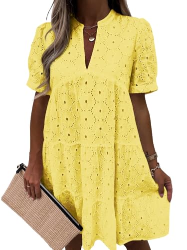 Image of Imily Bela Womens Summer Lace Dresses Eyelet Casual Flowy Babydoll Swing Short Sleeve V Neck Tunic Dress