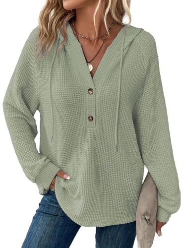 Cuptacc Kapuzenpullover Damen Waffel Langarm Knopfleiste V-Ausschnitt...