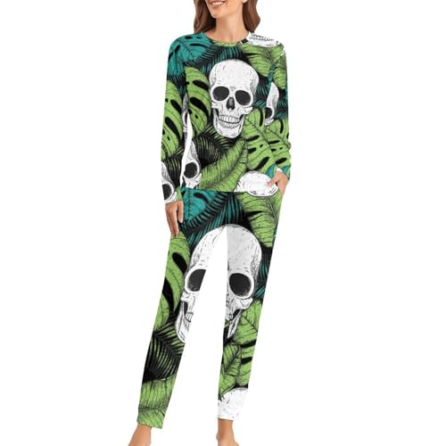 Pyjama femme feuille de crâne blanche idéal pour cocooning et nuits fraîches en vêtement de nuit