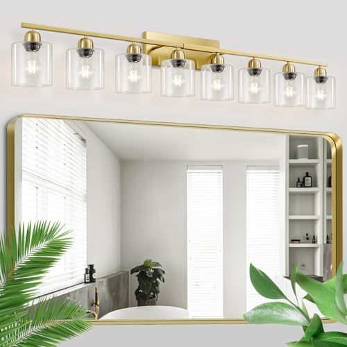 Image of Modern Brushed Gold 8 Light Bathroom Light Fixtures, 52 inch Vanity Lights for Bathroom with Clear Glass, Bathroom Light Fixture for Mirror Kitchen Living Room Hallway Cabinet Porch