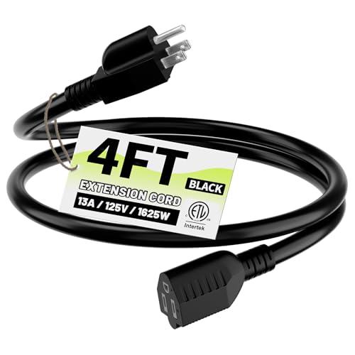 16/3 Black Indoor Outdoor Extension Cord 4 Ft Waterproof Extension Cord with 3 Prong Grounded Plug 13A 1625W 16AWG SJTW Flexible Weatherproof Power Cable
