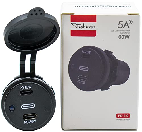 12/24V Socket Dual USB Type C PD 3.0 (60W) Port Fast Charger for Car, Boat, Marine & RVs