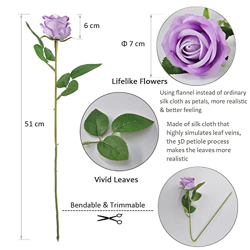 Huspox Fake Roses Artificial Flowers with Long Stem for Decoration Bouquet Wedding Floral Arrangement 10pcs (Light Purple) - Image 4