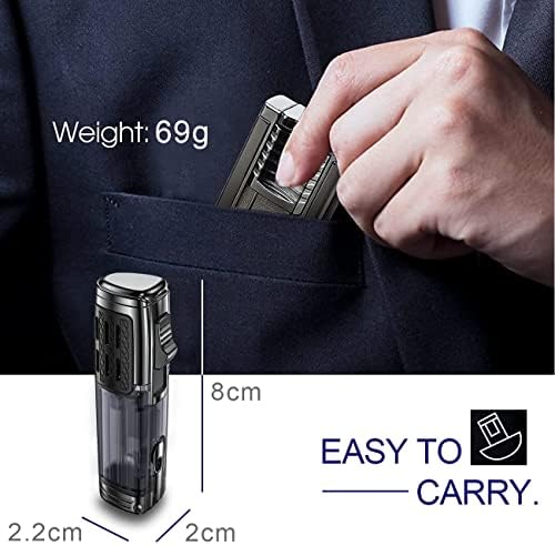 Jet Lighter, Gas lighter, Triple Jet 3 Blue Flame Torch Lighters, Windproof Butane Gas Refillable Cigar Lighter, Fuel Level Window, Cool Pocket Lighter (Gas not Included)