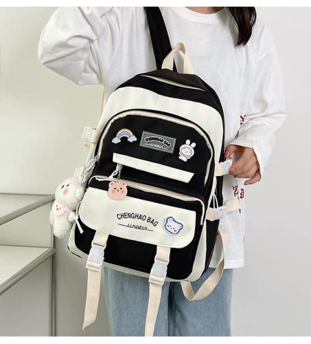 Fplace Laptop Backpack Shoulders Bag Schoolbag Travel Bag For Student Casual Cute Kawaii Y2K With Plush Bear Pendant Gift (Black) #TOP5