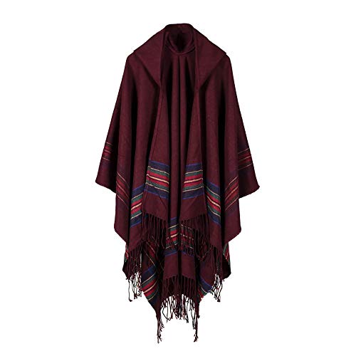 BEUHOME Poncho Chal con Capucha Mujeres Retro Borlas Chaqueta Capa Gran Tamaño Chal Bufanda Moda Color Raya Cachemir Calentar Otoño e Invierno Cárdigan