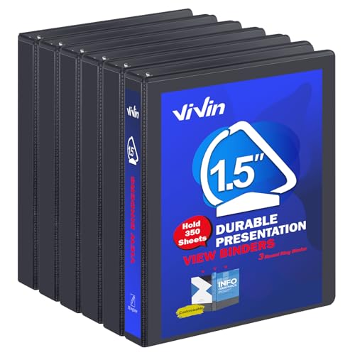 ViVin Sturdy 1.5 Inch D Ring Binders 1.5 3 Ring View Binder with Customizable Clear Cover Holds 350 Sheets of 8.5 x 11 Paper 6 Pack Black