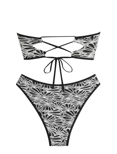 Image of ZAFUL Women Strapless Textured Bandeau Bikini 2 Piece Swimwear Cheeky Solid Lace up Bathing Suits