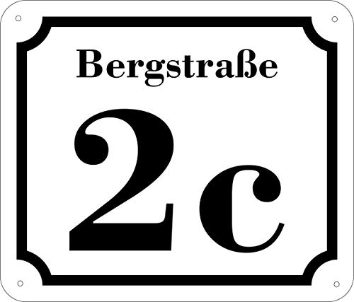 Hausnummernschild aus Aluminium Verbundplatte mit Vorbohrungen und abgerundeten Ecken Wunschtext (20x17cm, weiß)