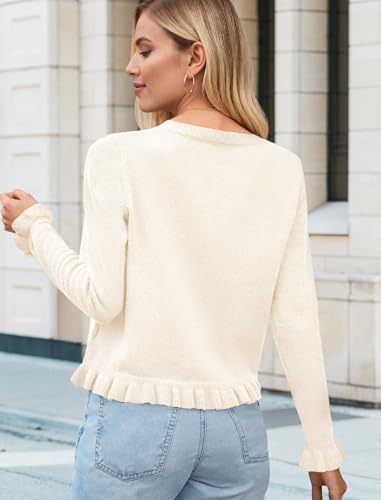 Women Ruffle Cardigan Sweaters Button Up Cropped Long Sleeve Solid Knit Cardigan Casual Crewneck Sweater Outwear2