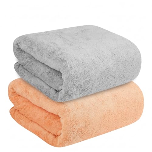 Image of Dribble Coral Fleece 450 GSM Bath Towel 70x140 cm | Ultra Soft, Quick Dry, Highly Absorbent | Lightweight & Skin-Friendly Towel for Bathroom, Gym & Travel, (Peach /Grey, Pack of 2)
