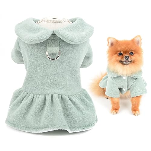 SMALLLEE_LUCKY_STORE Cute Pet Solid Color Fleece Dress Girls Puppy Winter Dress for Small Dog Cat with Leash Ring Fleece Lined Female Skirt Yorkie Chihuahua Warm Clothes,Green,M
