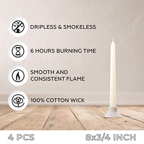 Sonedly 8 Inch Taper Candle 4 Pack - Unscented Hand-Dipped Tapered Candles Long Burning Perfect For Home Interior - Dripless And Smokeless Tapered Candles For Home - 6-Hour Burning Ivory Candles #TOP1
