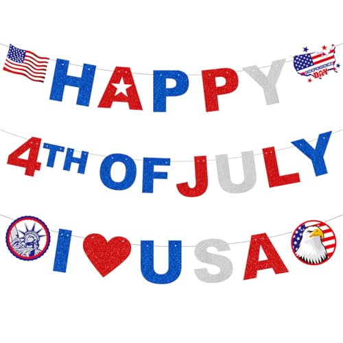 Image of Veterans Day Decorations Banner Glitter Letter, Patriotic Backdrop for Family 4th of July decoration, NO DIY Pre-Assembly, Fourth of July Paper Banner Independence Day Party Supplies