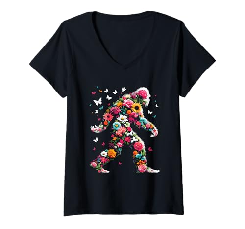 Women's Floral Bigfoot - Vintage Colorful Flowers Sasquatch Lover V-Neck T-Shirt