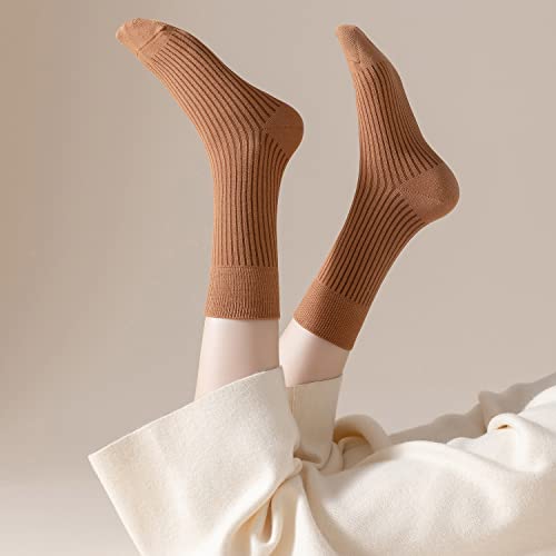 Yomutiur Cotton Crew Socks, Women's Striped Textured Ribbed Knit Boot Socks 5 Pairs (Size for 5-10)3