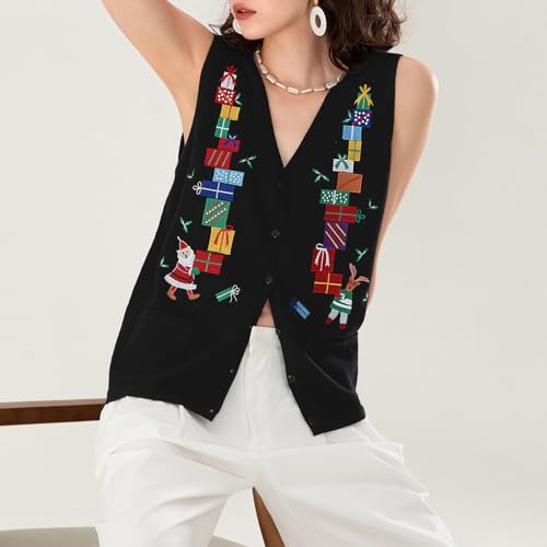 Kmbangi Women Christmas Button Sweater Vest Embroidery Sleeveless Cardigan | Santa Print, Knit V Neck Top, Xmas Clothes, Ugly Christmas Sweaters, Gingerbread Man, Holiday Cardigans, Waistcoat, Knitwear 4 Kmbangi Women Christmas Button Sweater Vest Embroidery Sleeveless Cardigan | Santa Print, Knit V Neck Top, Xmas Clothes, Ugly Christmas Sweaters, Gingerbread Man, Holiday Cardigans, Waistcoat, Knitwear - Image 5