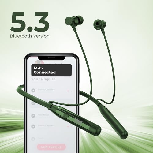 Image of RD Telinet M-15 Jolt Wireless Bluetooth Neckband Earphones, 66H Playtime, 15mm Dynamic Drivers, Bluetooth v5.3, ENC Calling, Dual Pairing, Fast Charging, IPX5 Water Resistant, Deep Bass - Green