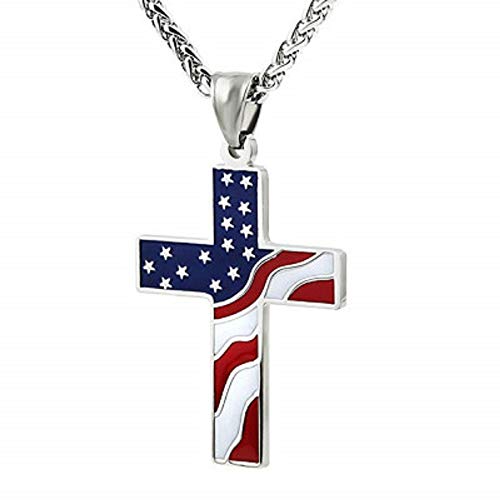 Cross Pendant American Flag Patriotic Cross Religious Jewelry Enamel Pendant Necklace Tribal Charm Geometric Necklace Metal Clavicle Punk Fashion Street Necklace for Women Girls Men-sliver