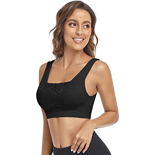 Image of Litthing Lace Bralettes for Women Padded Sports Bra Seamless Plus Size Tank Tops Wirefree Comfort Yoga Cami T Shirt Bras