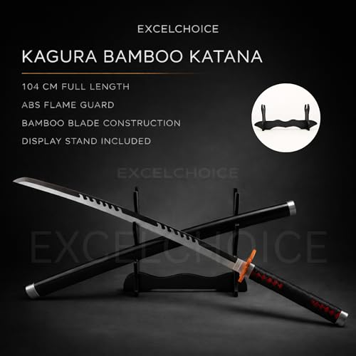 Image of EXCELCHOICE Demon Slayer Tanjiro Katana Sword - Fire God Tanjiro x Rengoku Flame Anime Replica, 104 cm Life Size Bamboo Silver Blade Wood Katana (Single Layer Stand Included) 2026 Model Anime Gift