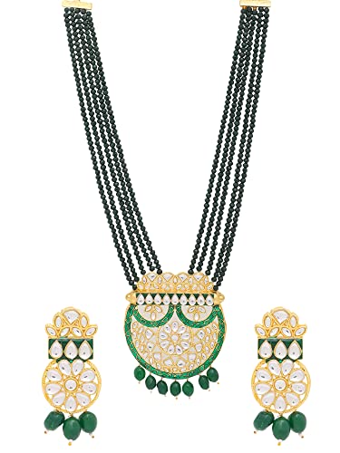 Yellow Chimes Traditional Jewellery Set for Women Ethnic Kundan Jewelry Set Gold Plated Multilayer Green Beads Long Necklace Set for Women and Girls Deal