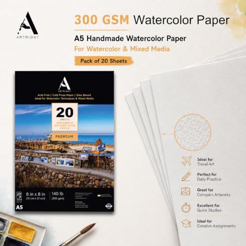 Image of ArtRight Artists Watercolor Paper (A5 Pack of 20 Sheets, 300 GSM); Handmade Watercolour Paper for Artists