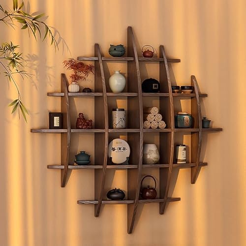 Wall-Mounted Solid Wood Tea Cup Holder & Teapot Display Stand, Coffee Mug Rack, Teaware Shelf Storage for Living Room, Kitchen, Office & Commercial Use