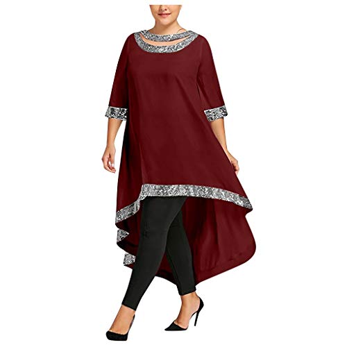 Ladies Dress Large Size,Kingwo Women Plus Size Half Sleeve Dress Girls O-Neck Sequined Silk Trim High Low Dress Elegant Evening Party Dress(Red,XL)
