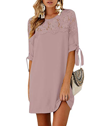 YOINS Vestido Casual para Mujer Verano Vestidos Largos Manga Corta con Cuello Redondo Elegante Tops de Fiesta Rosa-Encaje XXL