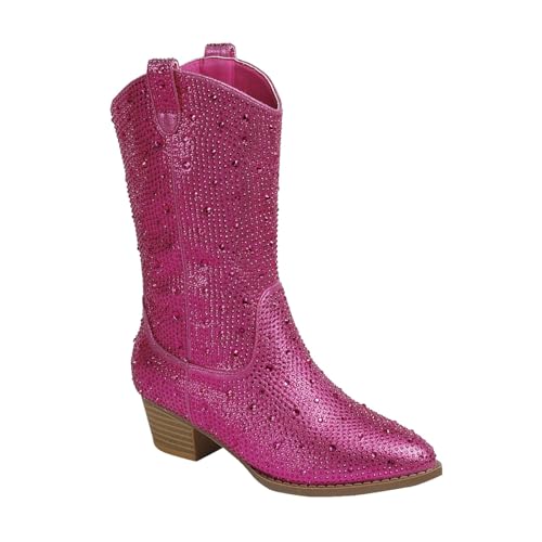 Forever Girls/Kids Rhinestone Western Cowgirl Cowboy Pointed Toe Low Heel Boots River-11K Fuchsia 3