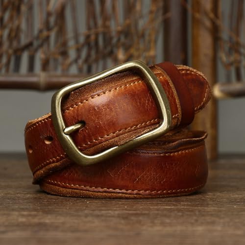Handmade Stitched Retro Cowhide Embossed Belt 33mm Distressed Strap with Solid Brass Buckle for Work,Casual,Dress4